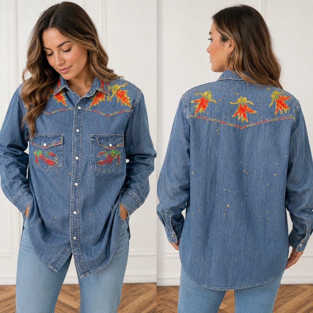 Vintage Painted Lady Designs Denim Western Shirt Chili Pepper Womens Medium